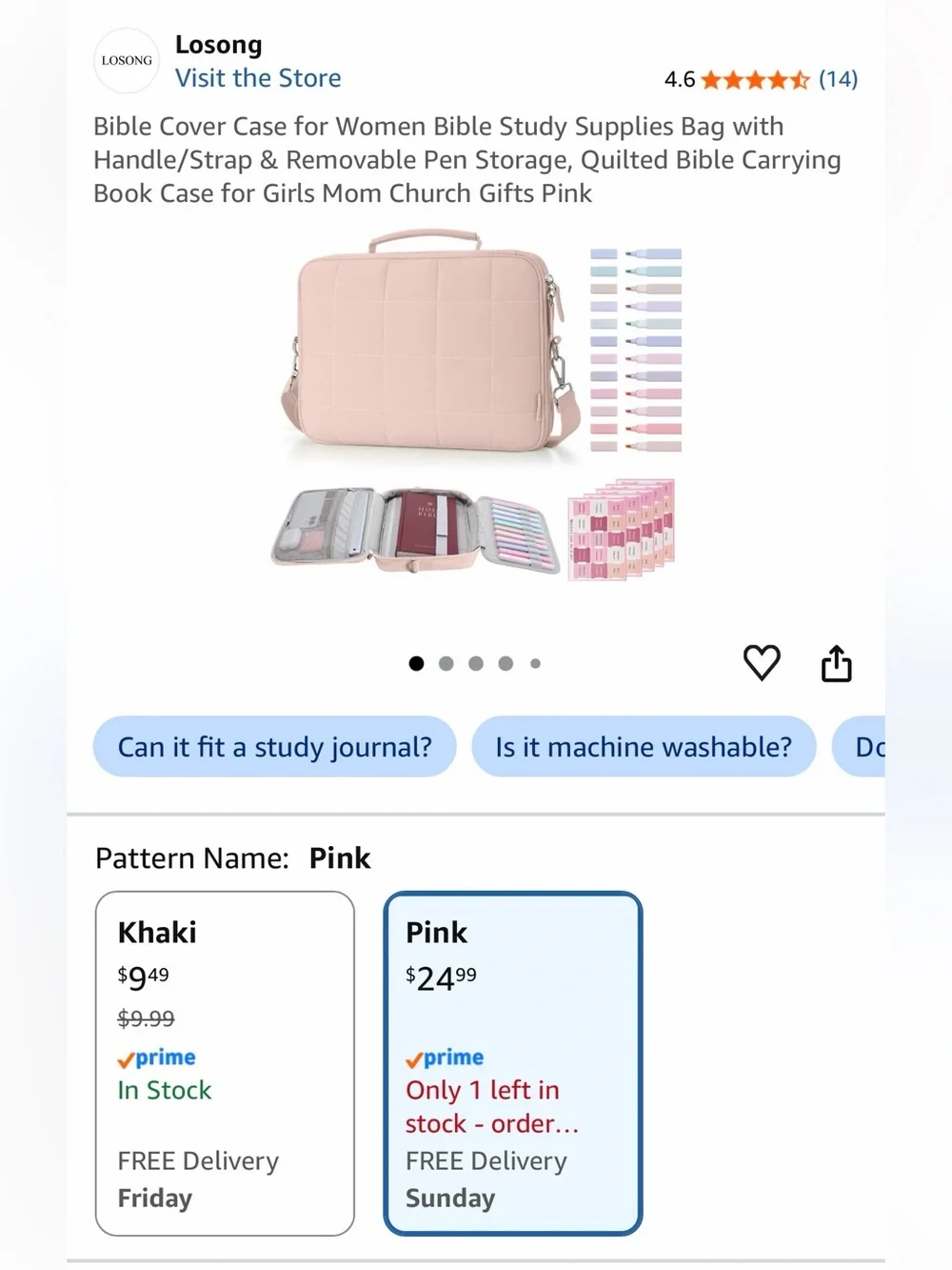 Quilted Pink Bible Cover Case with Handle and Removable Pen Storage